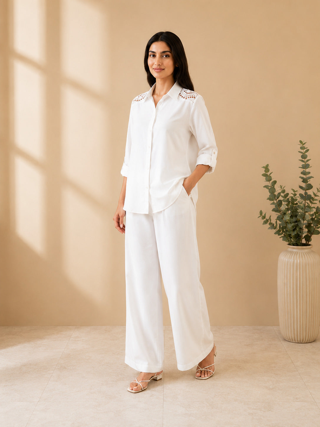 Women's White Lace Shoulder Shirt & Wide Leg Pants Co-Ord Set