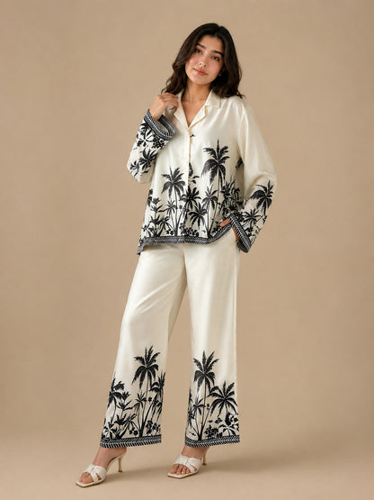 Women's Tropical Palm Print Satin Co-Ord Lounge Set – Cream & Black