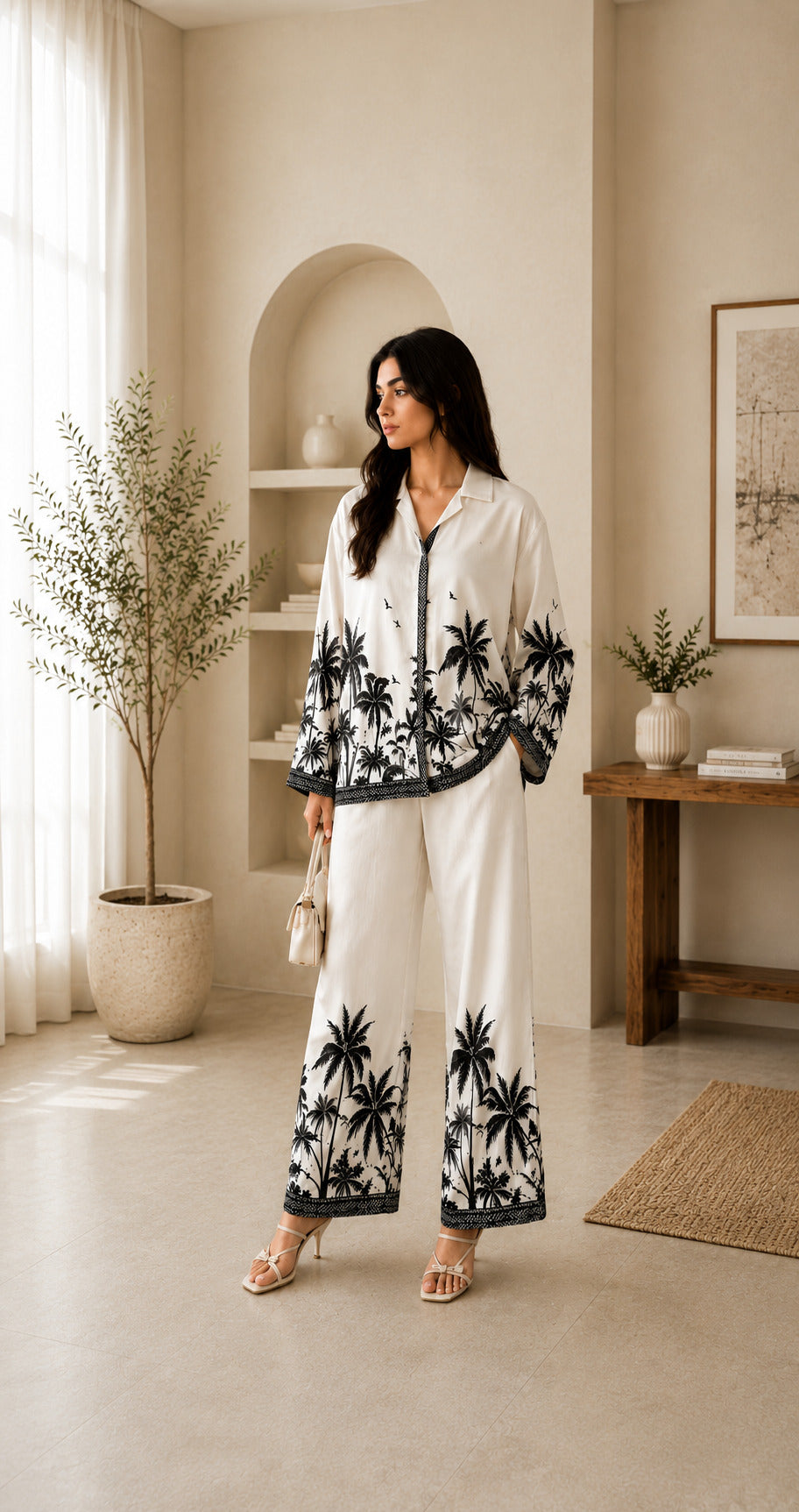 Women's Tropical Palm Print Satin Co-Ord Lounge Set – Cream & Black