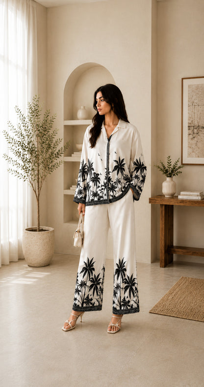 Women's Tropical Palm Print Satin Co-Ord Lounge Set – Cream & Black