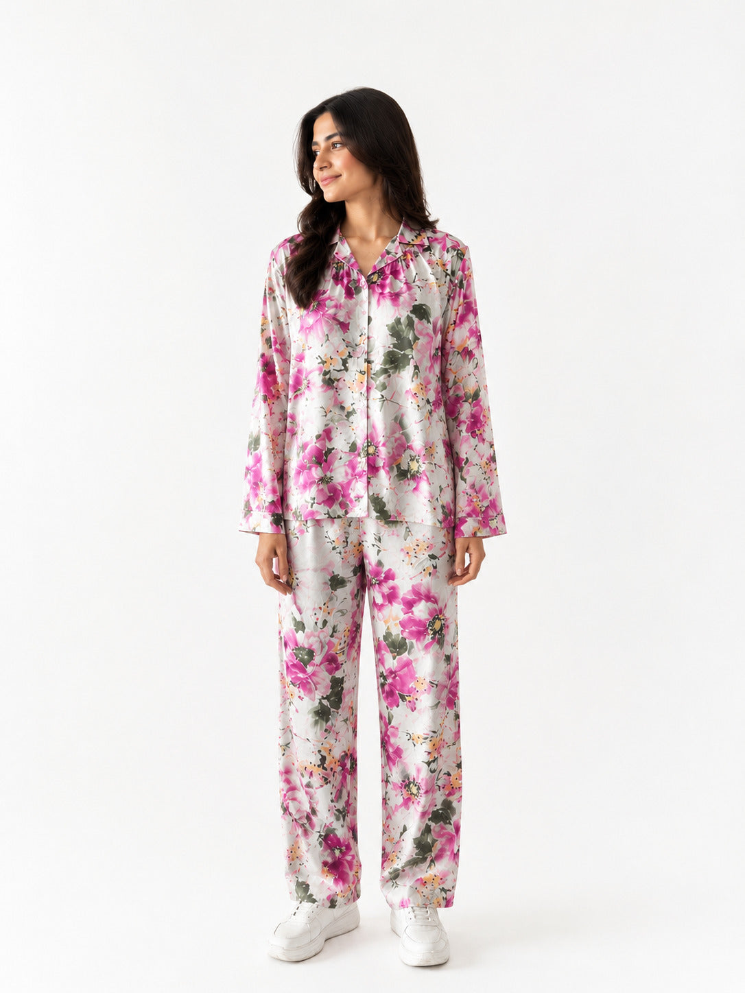Women's Luxury Floral Satin Pajama Set – Pink Blossom Long Sleeve Sleepwear