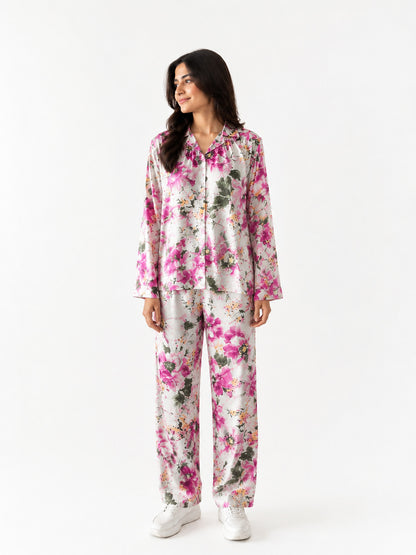 Women's Luxury Floral Satin Pajama Set – Pink Blossom Long Sleeve Sleepwear