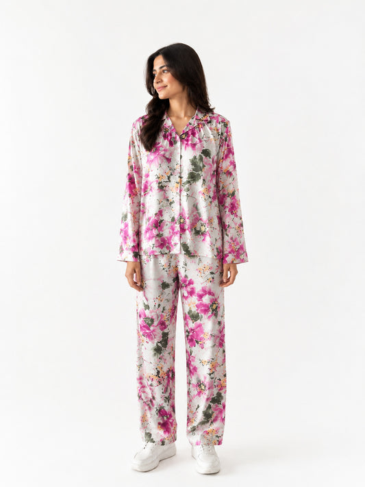 Women's Luxury Floral Satin Pajama Set – Pink Blossom Long Sleeve Sleepwear