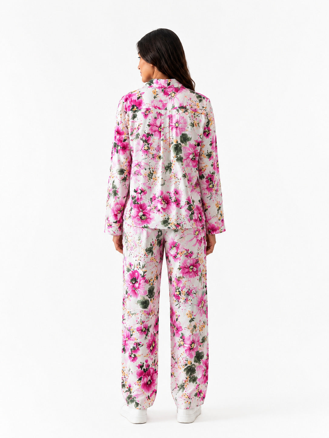 Women's Luxury Floral Satin Pajama Set – Pink Blossom Long Sleeve Sleepwear