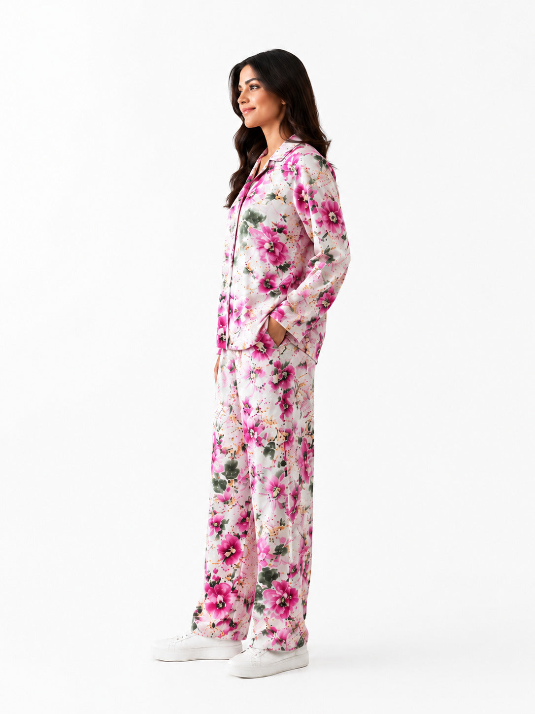Women's Luxury Floral Satin Pajama Set – Pink Blossom Long Sleeve Sleepwear