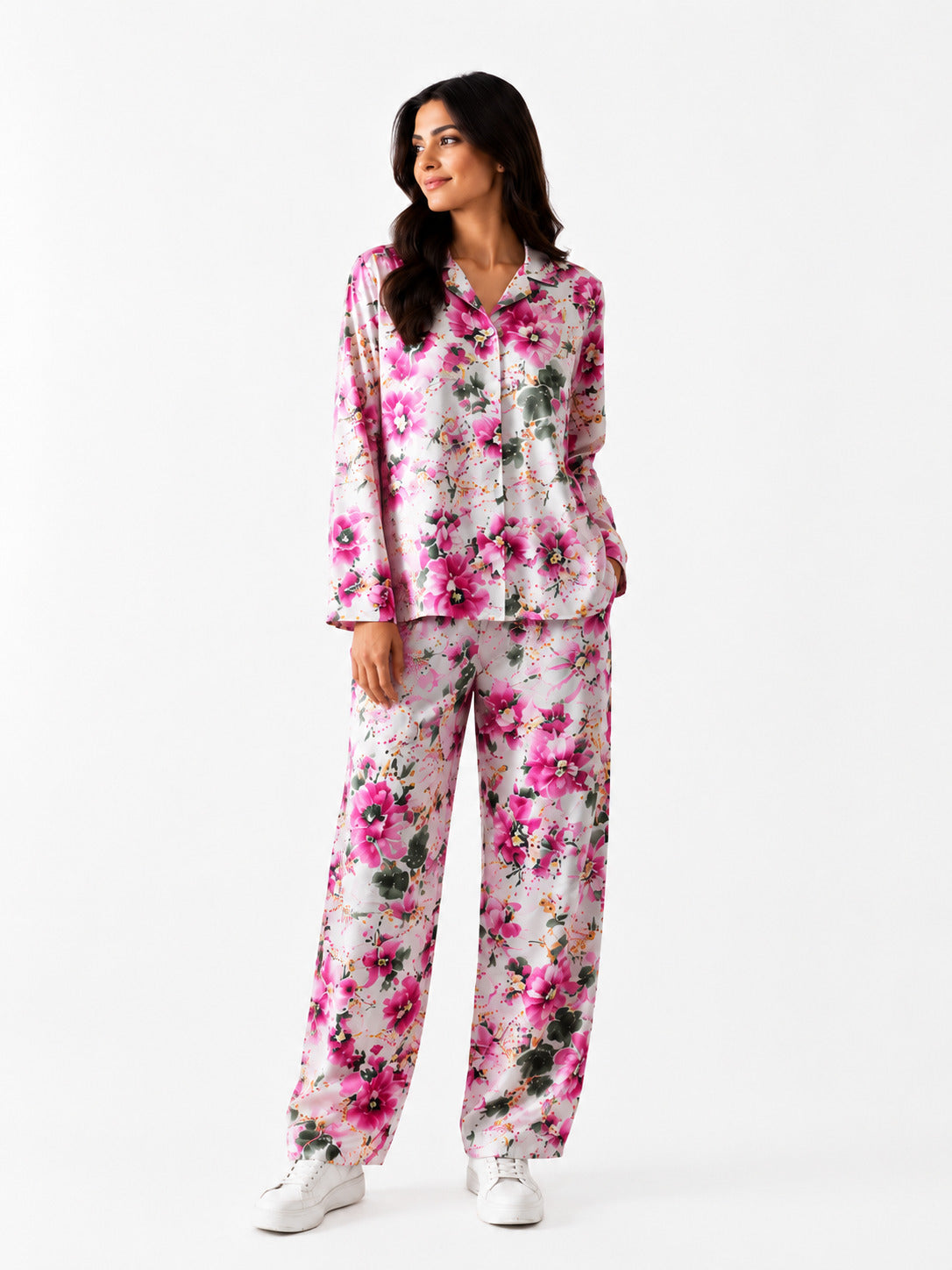 Women's Luxury Floral Satin Pajama Set – Pink Blossom Long Sleeve Sleepwear
