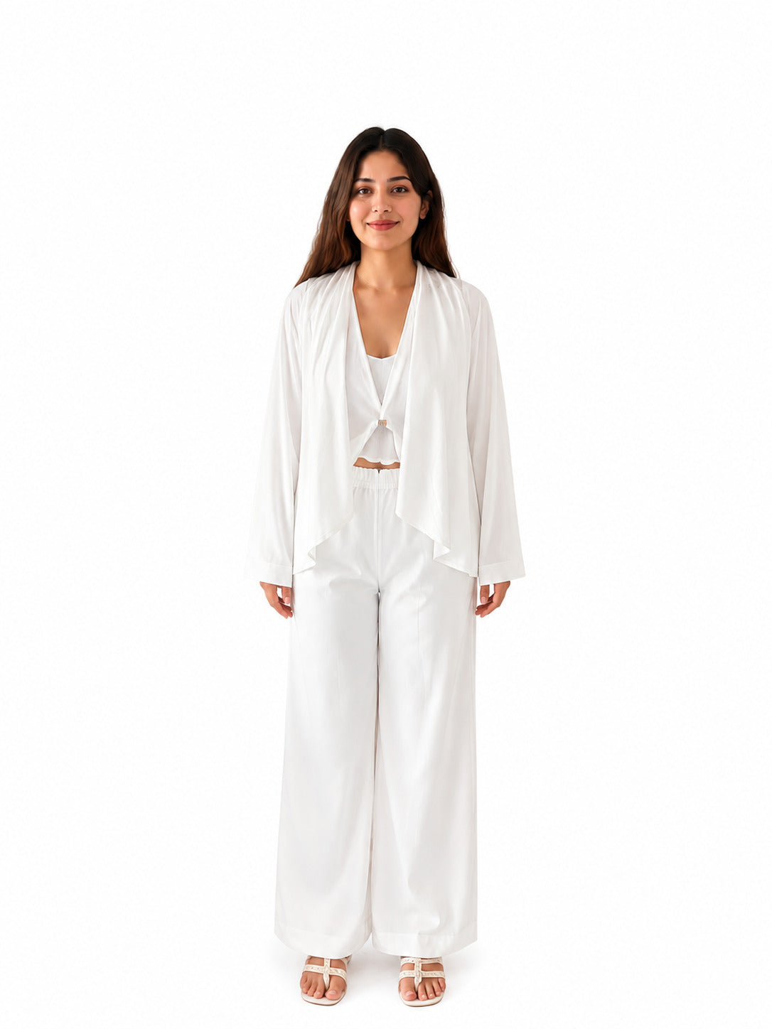 Women's White 3-Piece Co-Ord Set with Shrug & Wide-Leg Pants