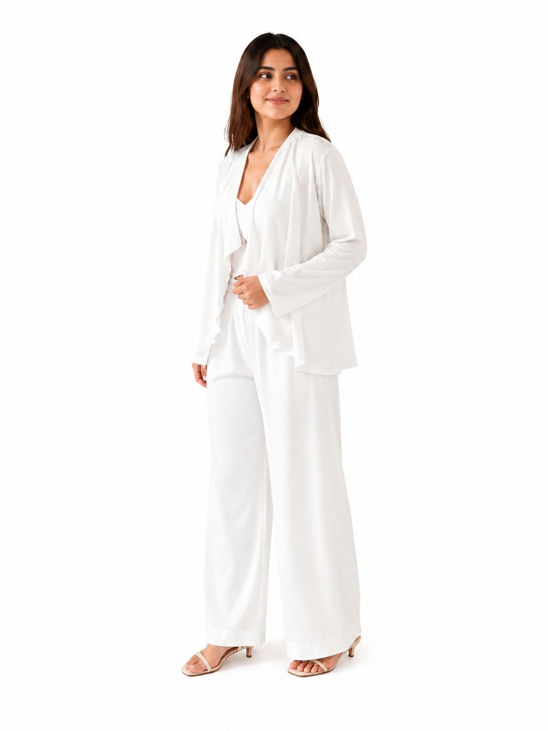 Women's White 3-Piece Co-Ord Set with Shrug & Wide-Leg Pants