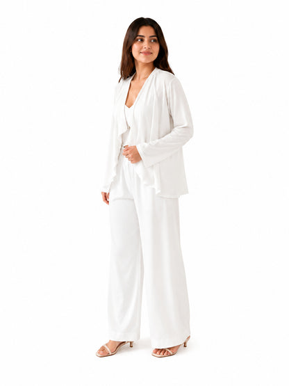 Elegant White Two-Piece Set with Sheer Shrug & Relaxed Fit Pants for Women