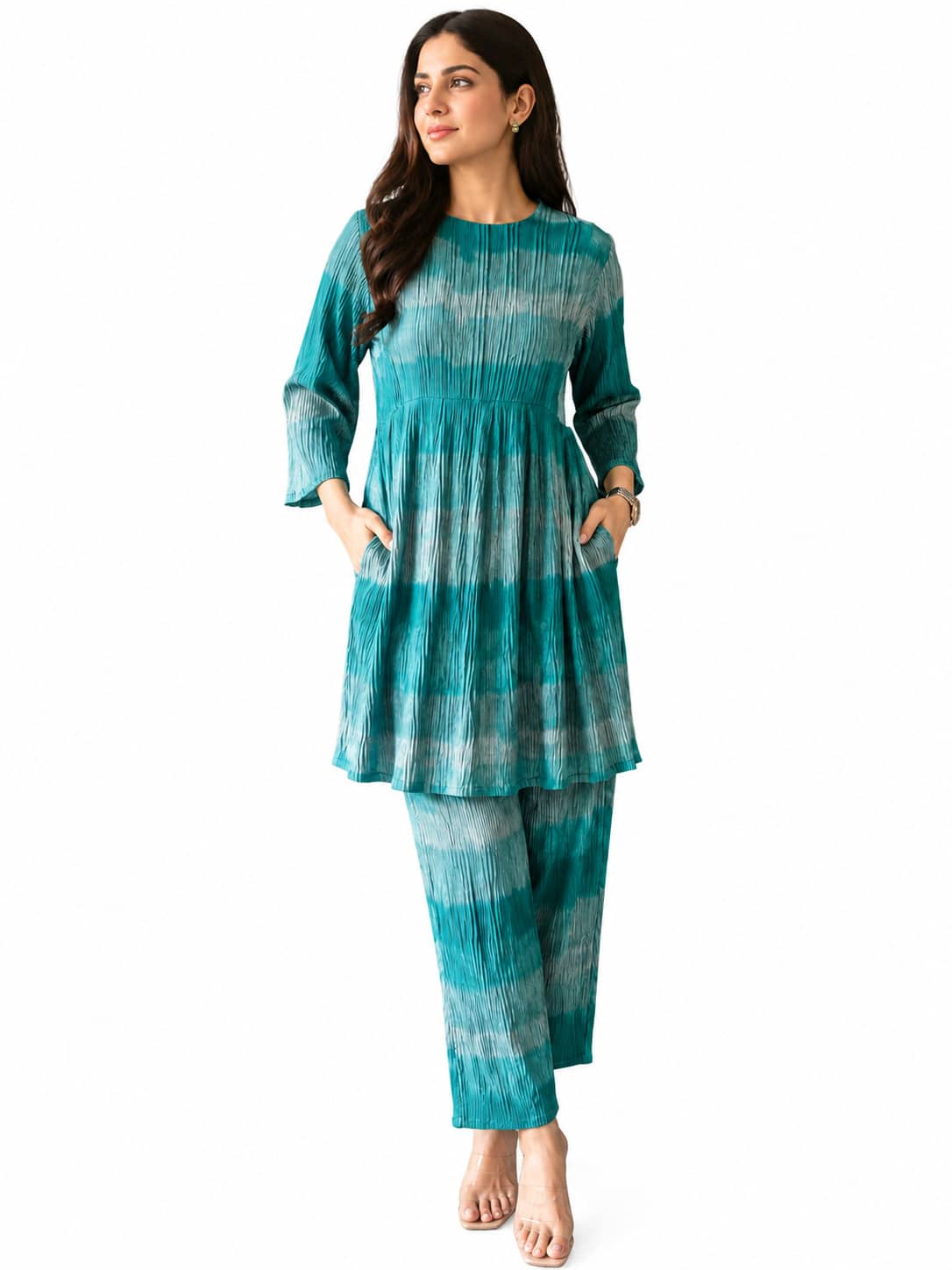 Women's Teal Tie-Dye Pleated Co-Ord Set with Tunic Top & Straight Pants