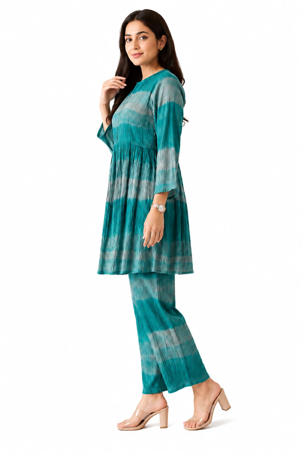 Women's Teal Tie-Dye Pleated Co-Ord Set with Tunic Top & Straight Pants