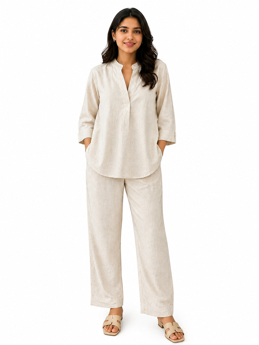 Women's Off-White Cotton Embroidered Co-Ord Set | 3/4 Sleeve Kurta & Straight Pants