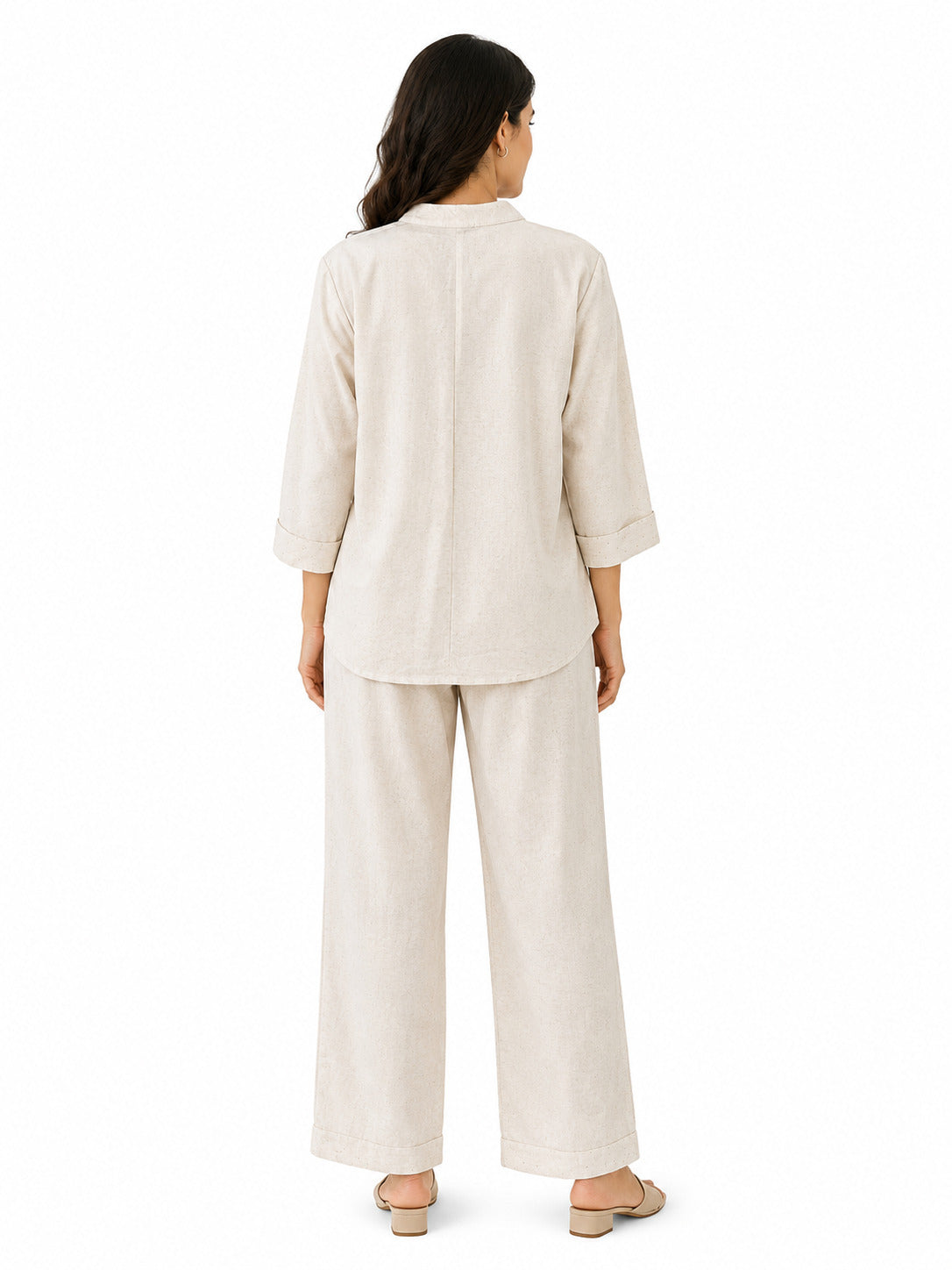 Women's Off-White Cotton Embroidered Co-Ord Set | 3/4 Sleeve Kurta & Straight Pants