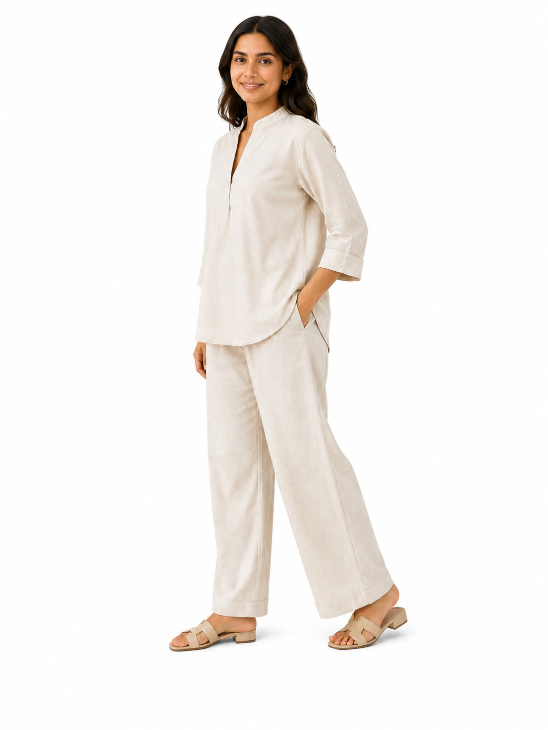 Women's Off-White Cotton Embroidered Co-Ord Set | 3/4 Sleeve Kurta & Straight Pants