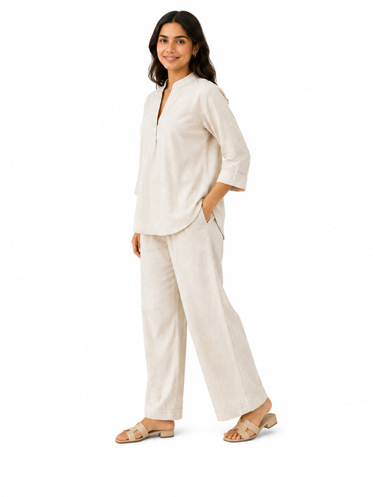 Women's Off-White Cotton Embroidered Co-Ord Set | 3/4 Sleeve Kurta & Straight Pants