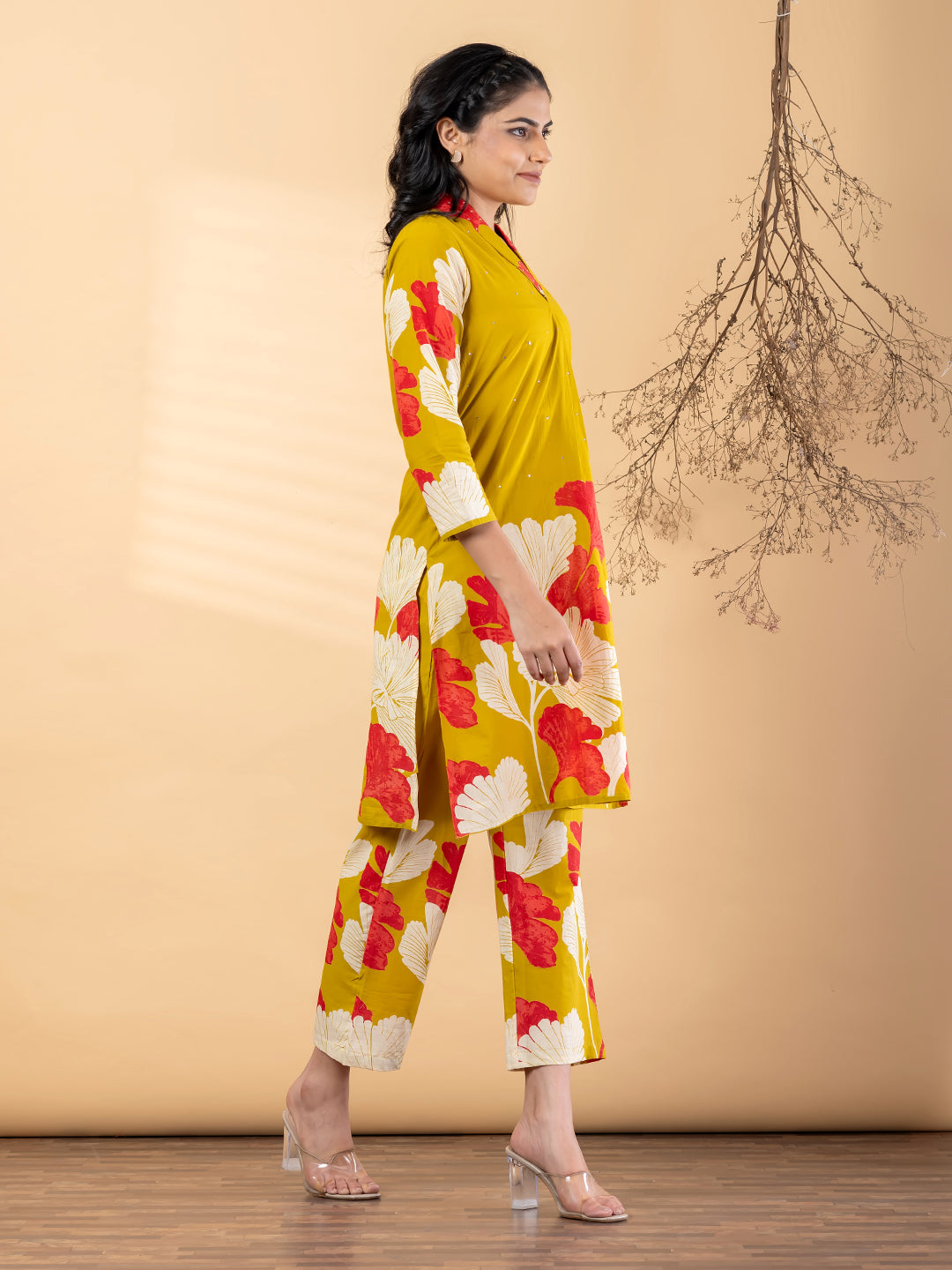 Mustard Yellow Floral Printed Kurta Pant Set for Women