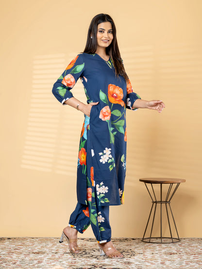 Women’s Navy Blue Floral Printed Kurta Set with Pants – Ethnic Wear