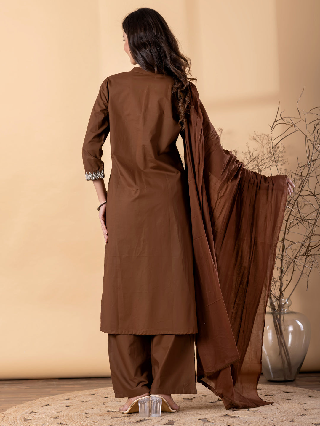 Women’s Brown Kurta Set with Dupatta & Embroidery – Ethnic Wear