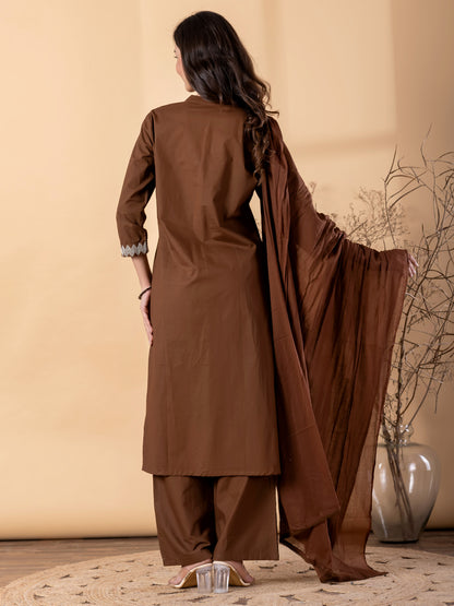 Women’s Brown Kurta Set with Dupatta & Embroidery – Ethnic Wear