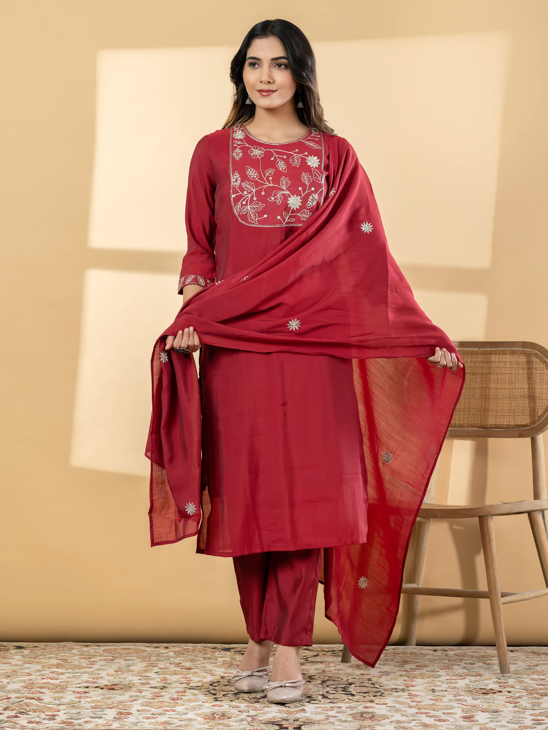 Women’s Red Embroidered Kurta Set with Dupatta & Pants