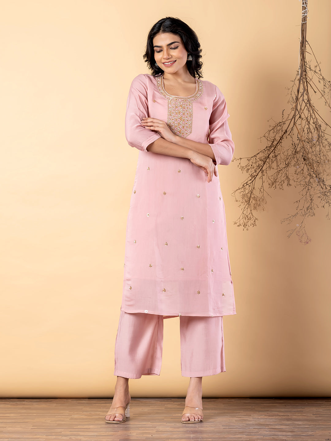 Women’s Pink Embellished Kurta Set with Dupatta & Pants