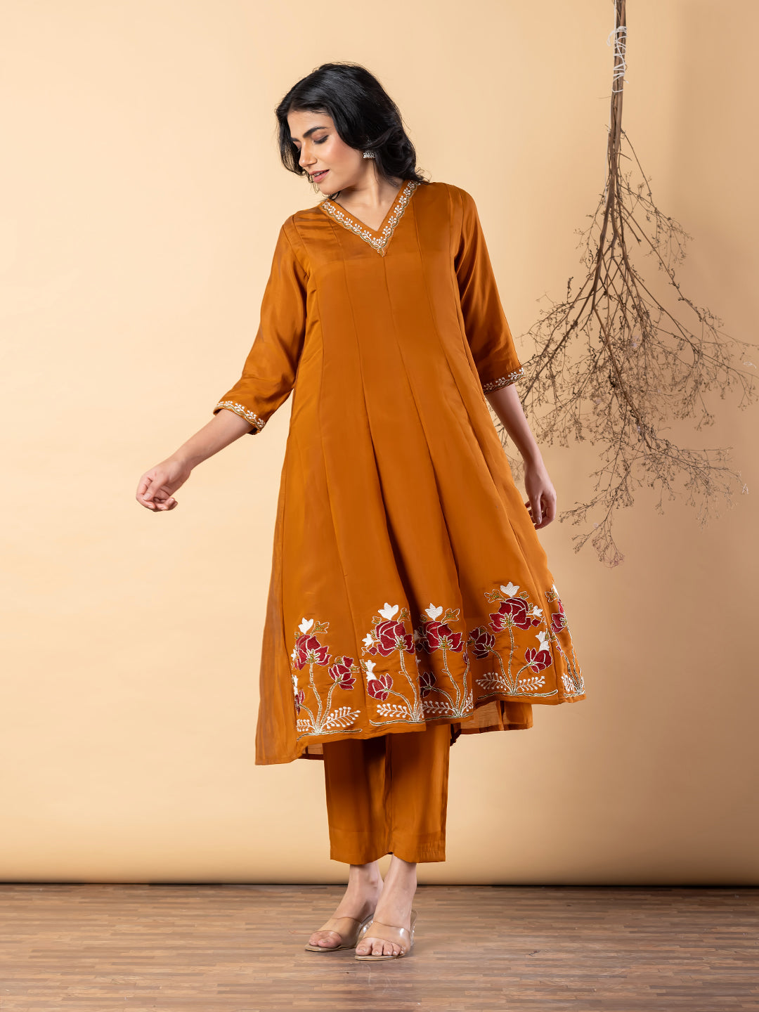 Women’s Mustard Kurta Set with Dupatta & Floral Embroidery