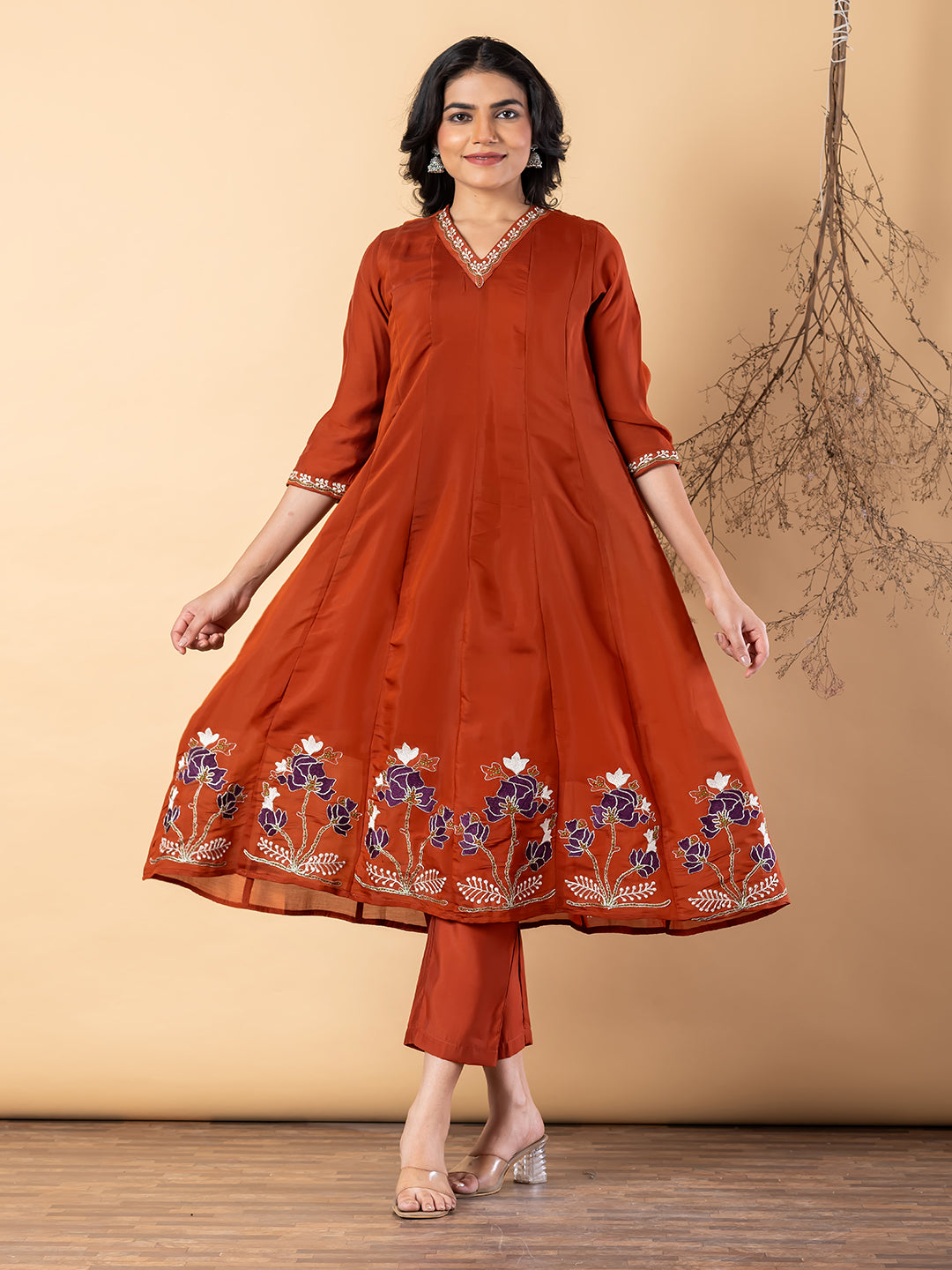 Elegant Rust Anarkali Suit with Floral Embroidery & Dupatta