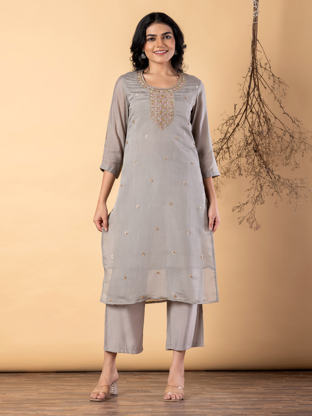 Women’s Grey Embroidered Kurta Set with Dupatta & Pants