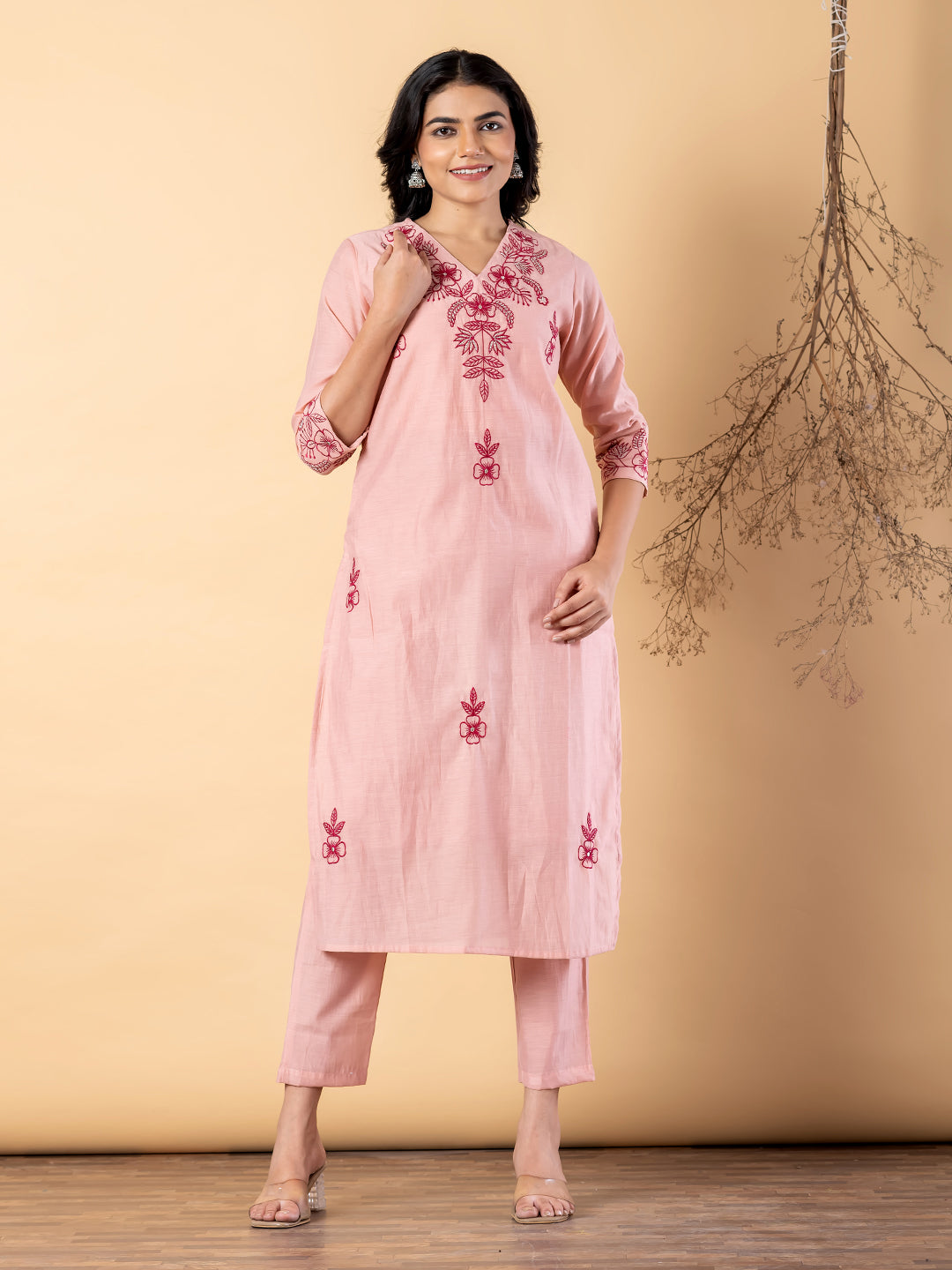 Women’s Peach Embroidered Kurta Set with Dupatta & Pants
