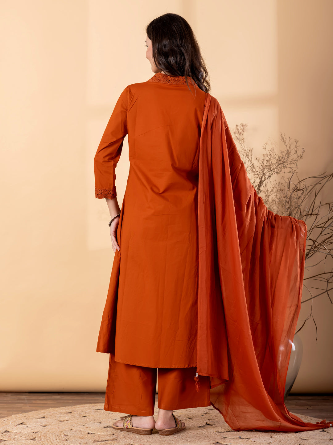 Women’s Rust Orange Kurta Set with Dupatta & Embroidery