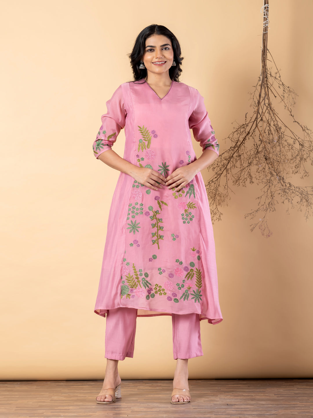 Women’s Pink Embroidered Kurta Set with Dupatta & Pants