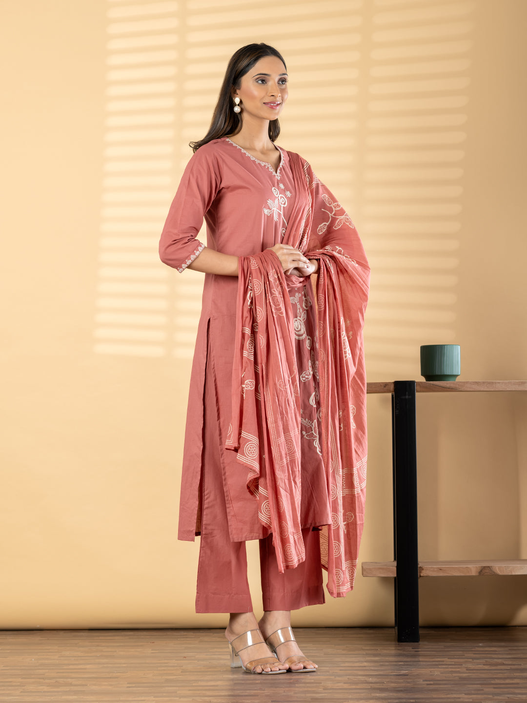 Dusty Rose Embroidered Kurta Set with Dupatta for Women