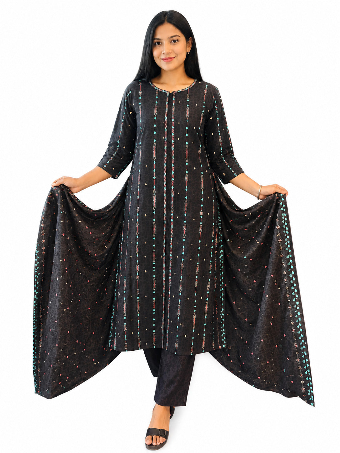 Women's Black Printed Kurta Pant & Dupatta Set | Elegant Ethnic 3-Piece Suit