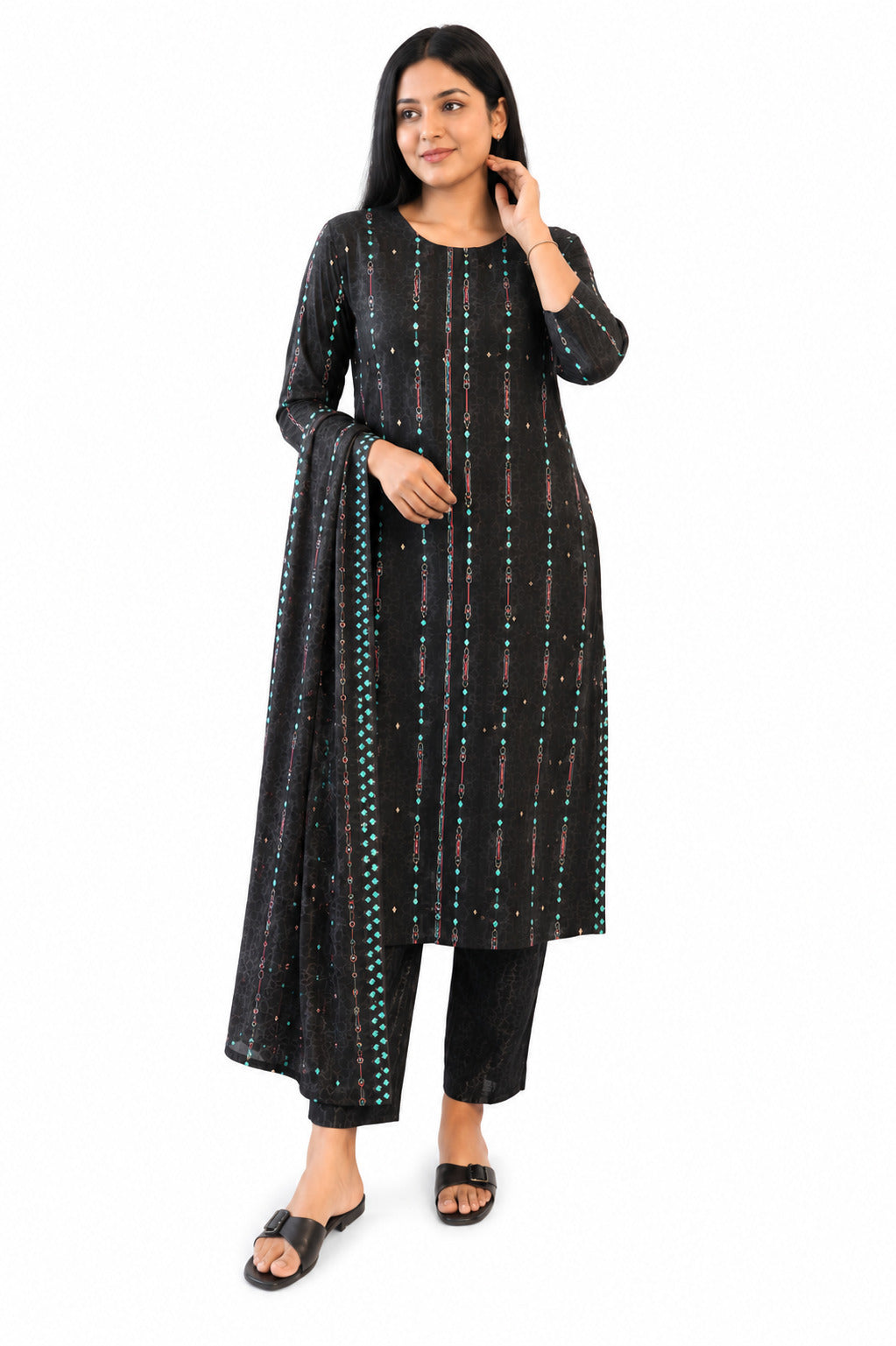 Women's Black Printed Kurta Pant & Dupatta Set | Elegant Ethnic 3-Piece Suit
