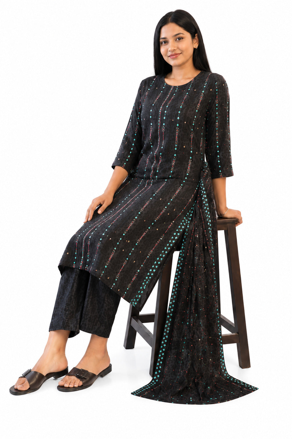 Women's Black Printed Kurta Pant & Dupatta Set | Elegant Ethnic 3-Piece Suit