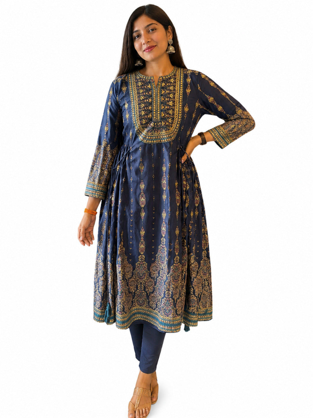 Women's Navy Blue Printed Anarkali Kurta with 3/4 Sleeves