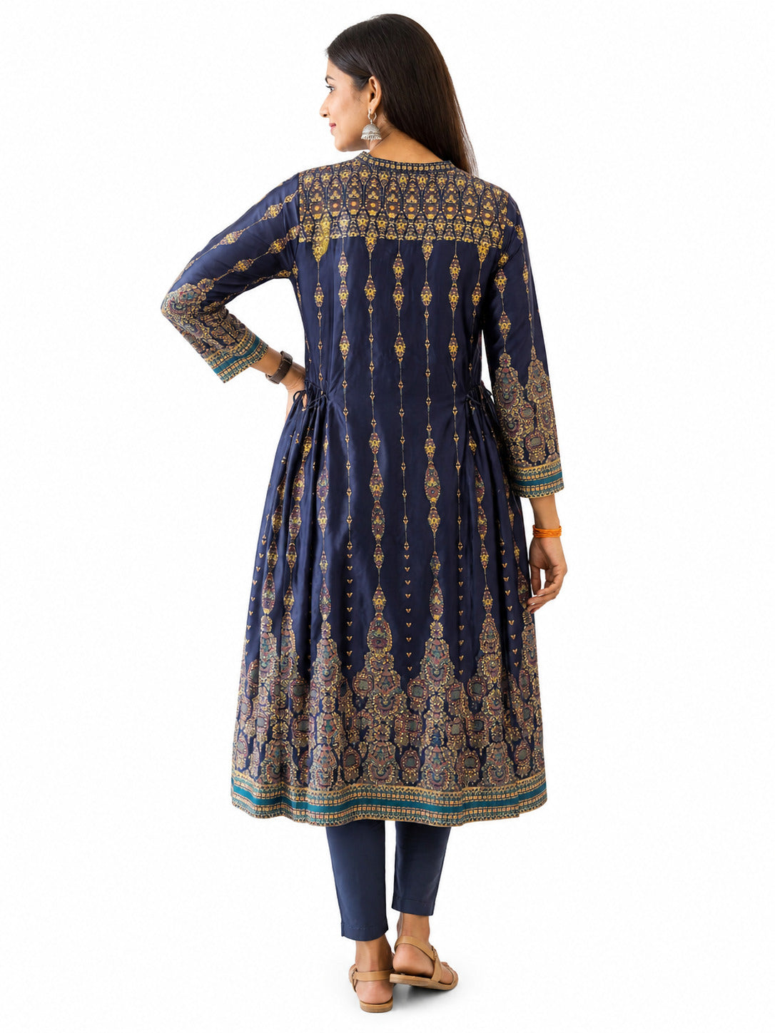 Women's Navy Blue Printed Anarkali Kurta with 3/4 Sleeves