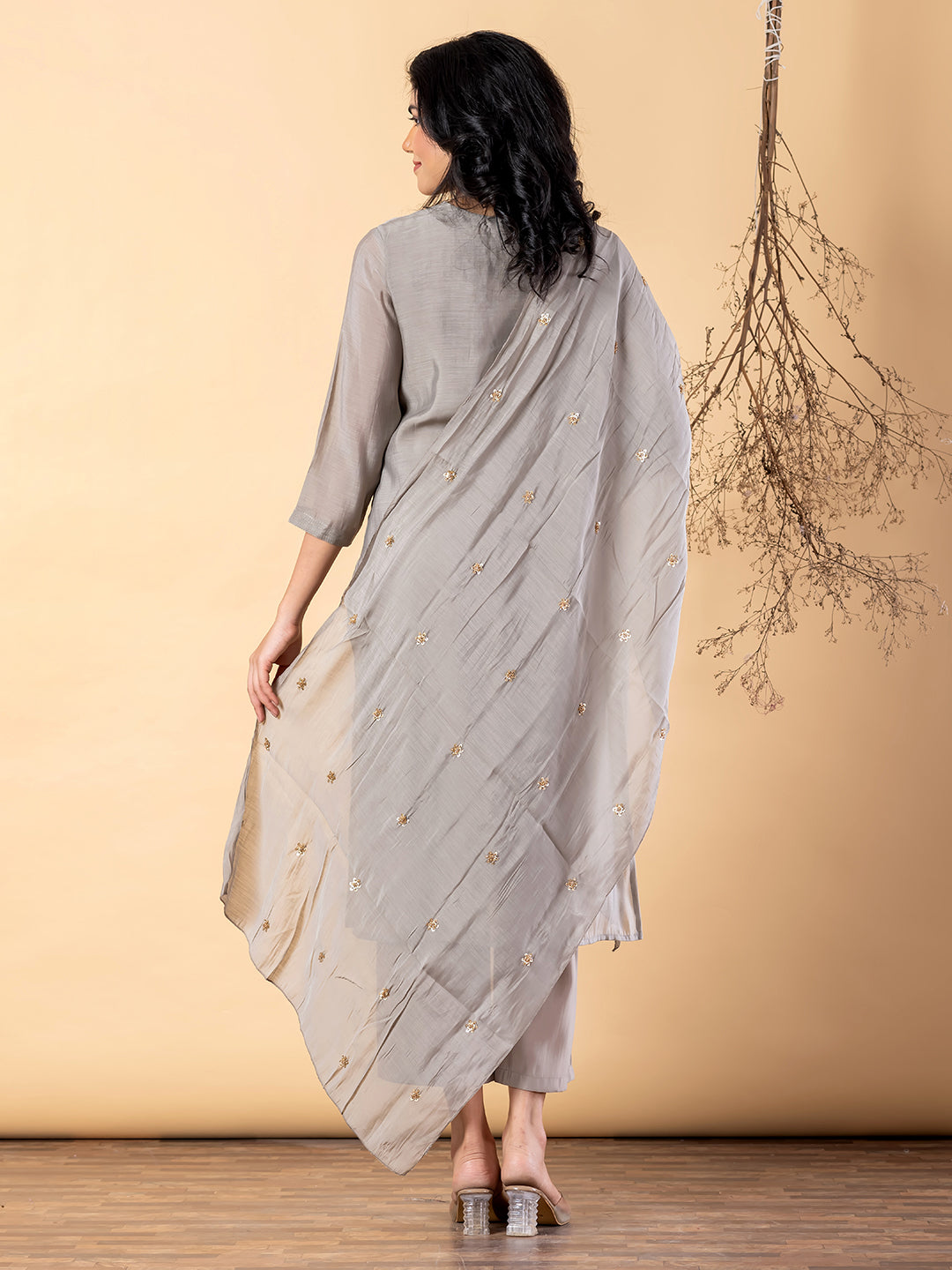 Women’s Grey Embroidered Kurta Set with Dupatta & Pants