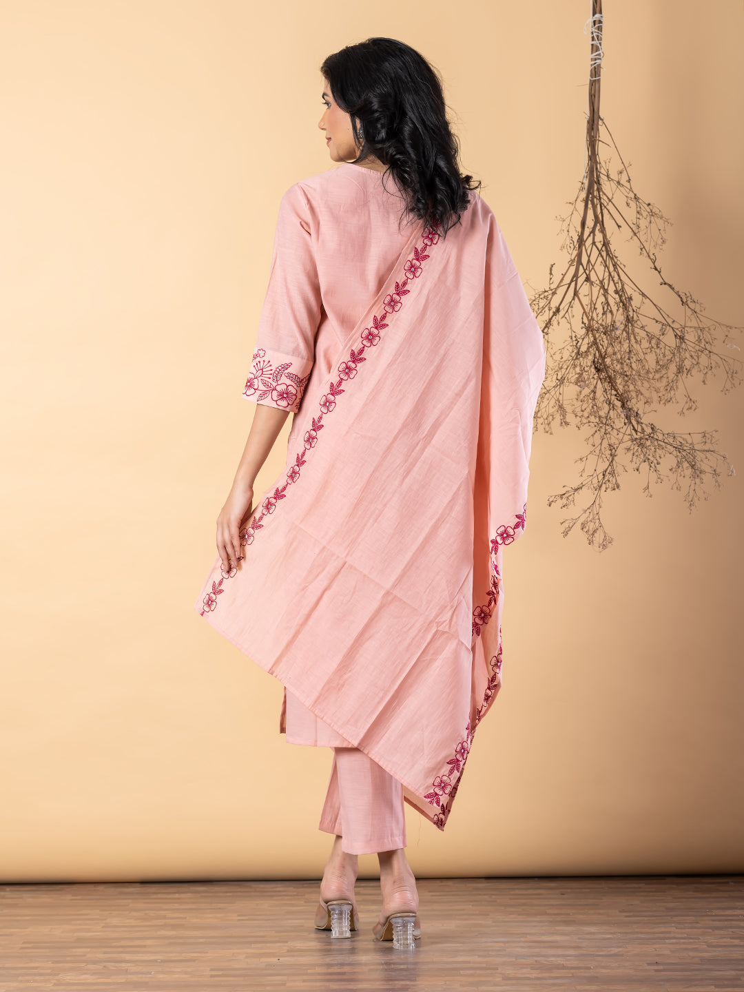 Women’s Peach Embroidered Kurta Set with Dupatta & Pants