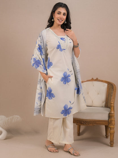 Women’s Off-White Floral Kurta Set with Dupatta | Blue Printed Ethnic Suit