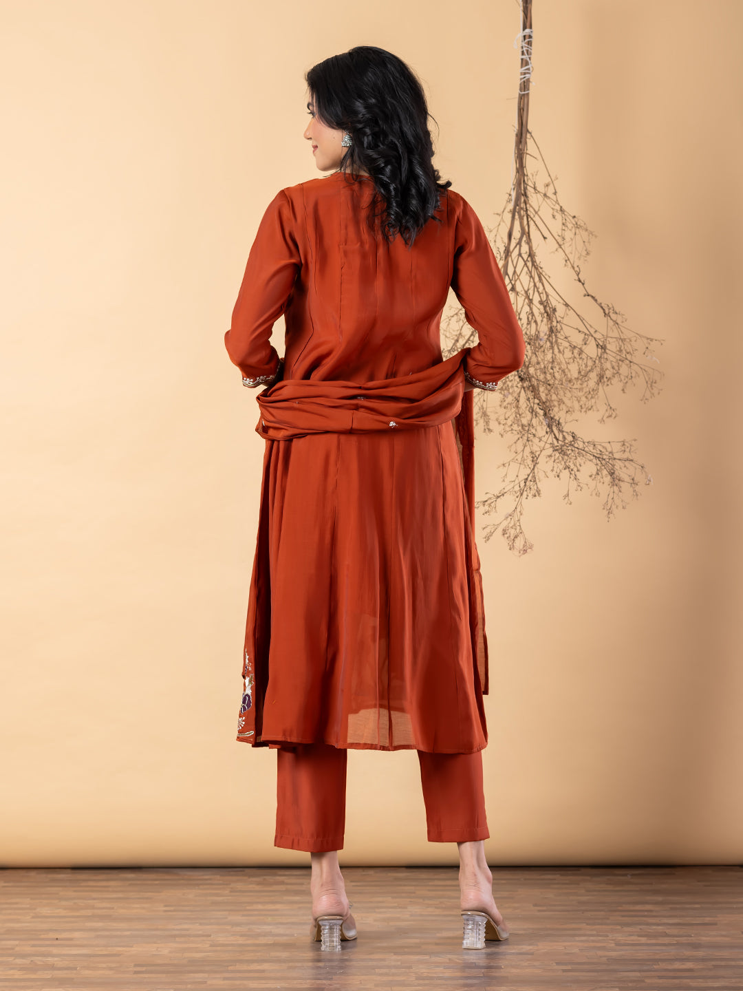Elegant Rust Anarkali Suit with Floral Embroidery & Dupatta