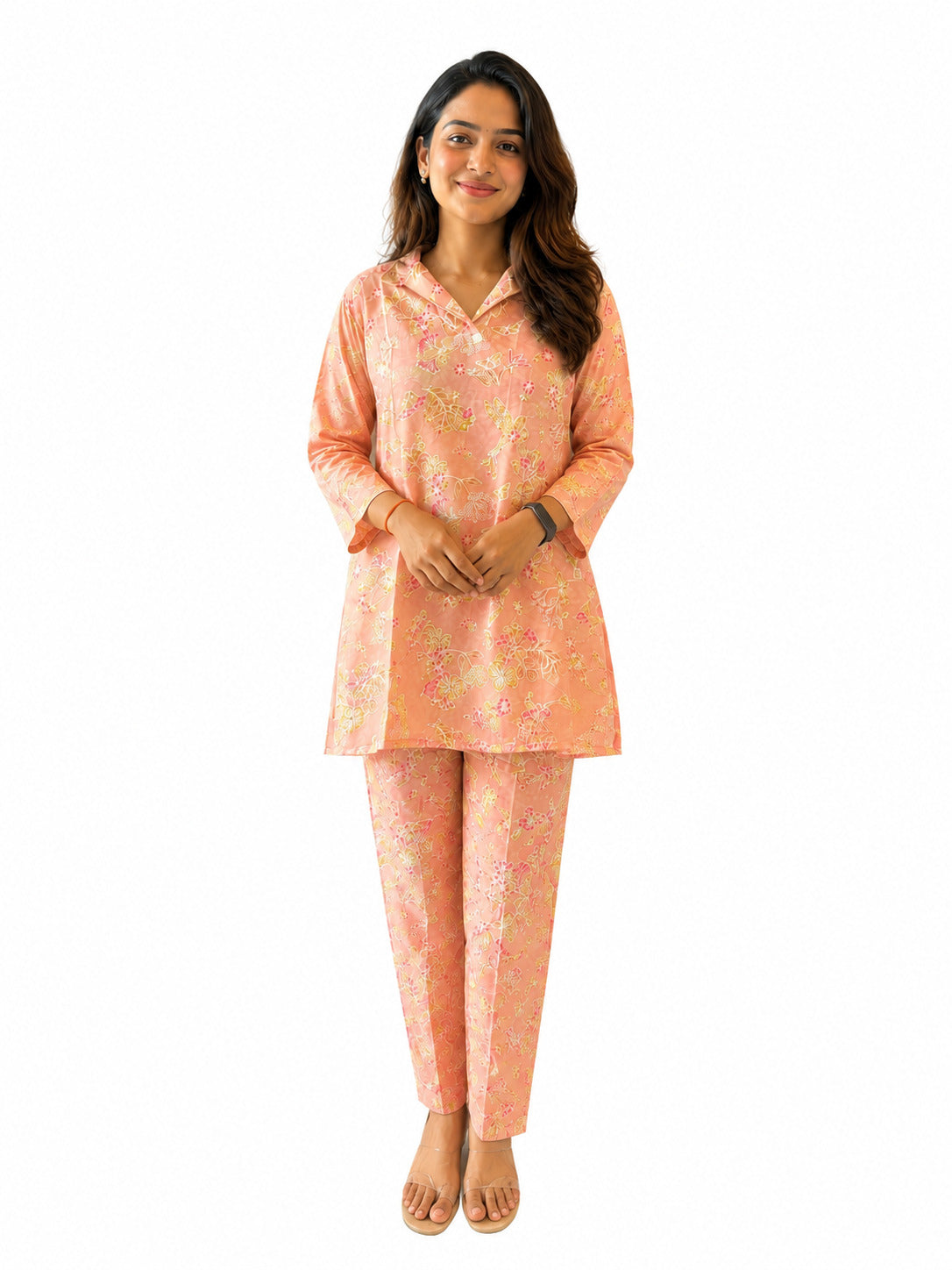 Women's Peach Floral Printed Cotton Co-Ord Set | Comfortable Casual Lounge Wear