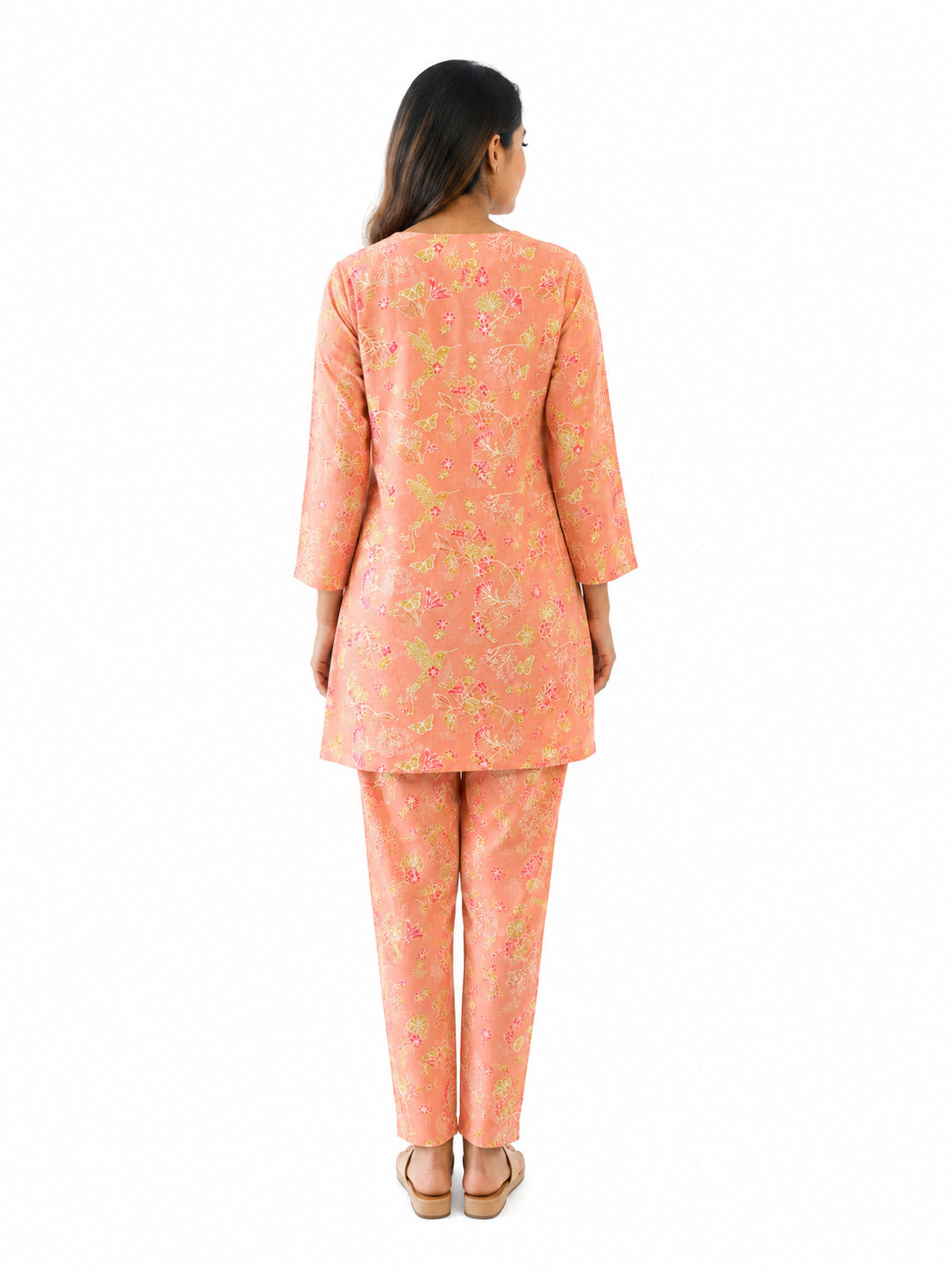 Women's Peach Floral Printed Cotton Co-Ord Set | Comfortable Casual Lounge Wear