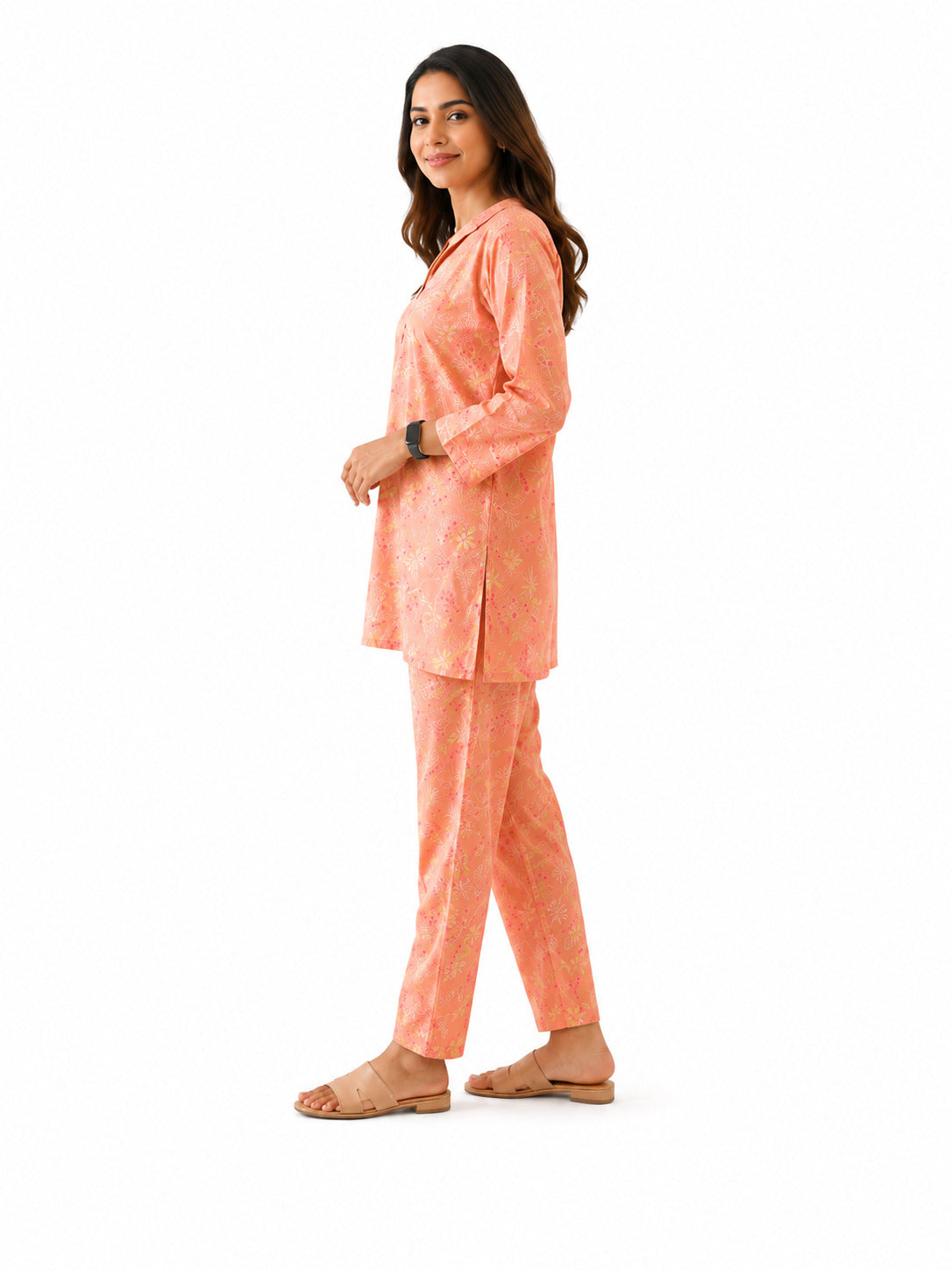 Women's Peach Floral Printed Cotton Co-Ord Set | Comfortable Casual Lounge Wear