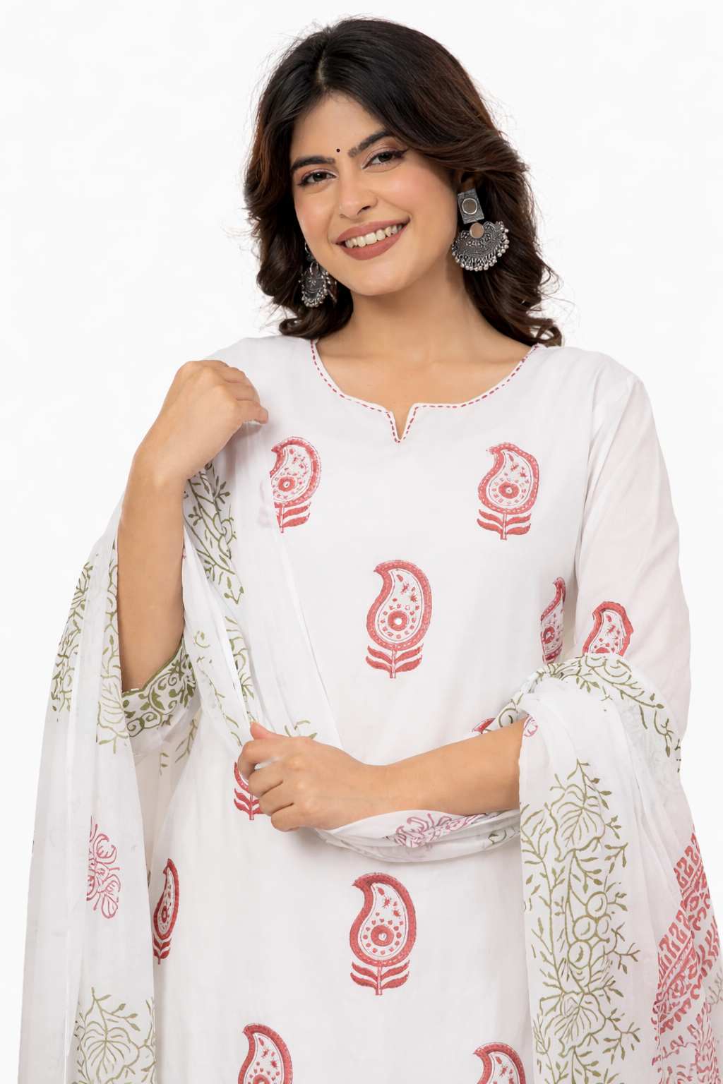 Women's White Floral & Paisley Printed Kurta Pant Set with Dupatta