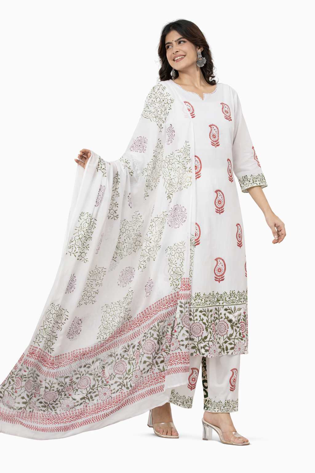 Women's White Floral & Paisley Printed Kurta Pant Set with Dupatta