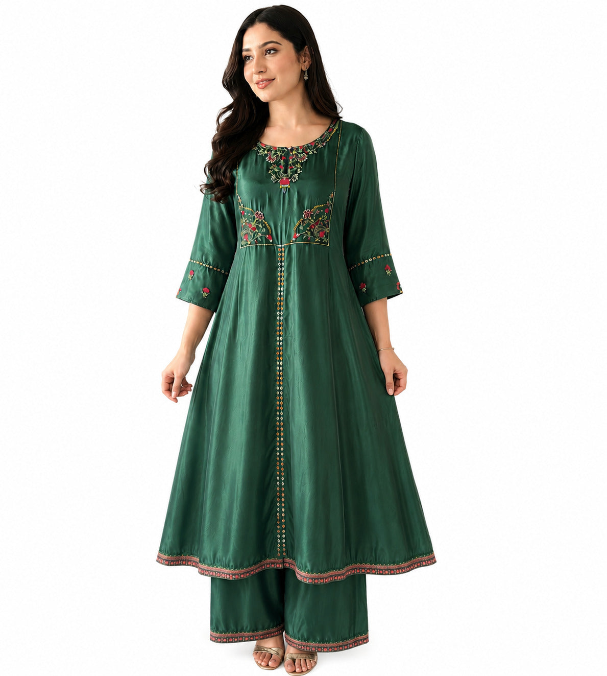 Women's Emerald Green Embroidered Anarkali Kurta Palazzo Set | Ethnic Party Wear