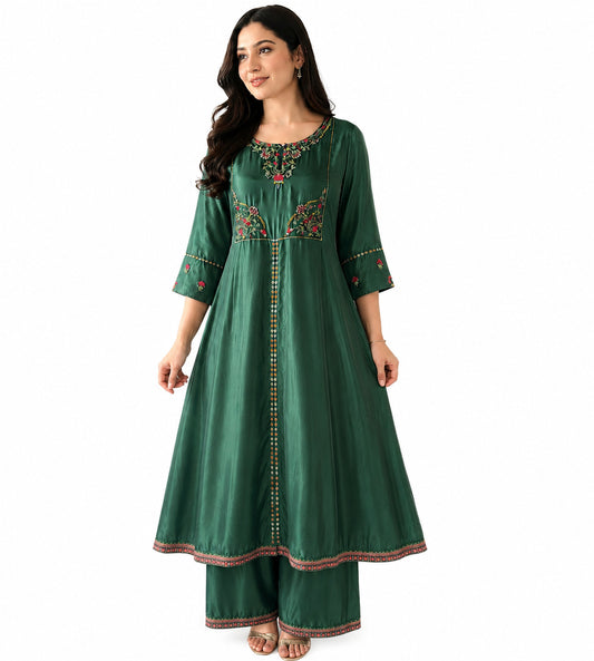 Women's Emerald Green Embroidered Anarkali Kurta Palazzo Set | Ethnic Party Wear
