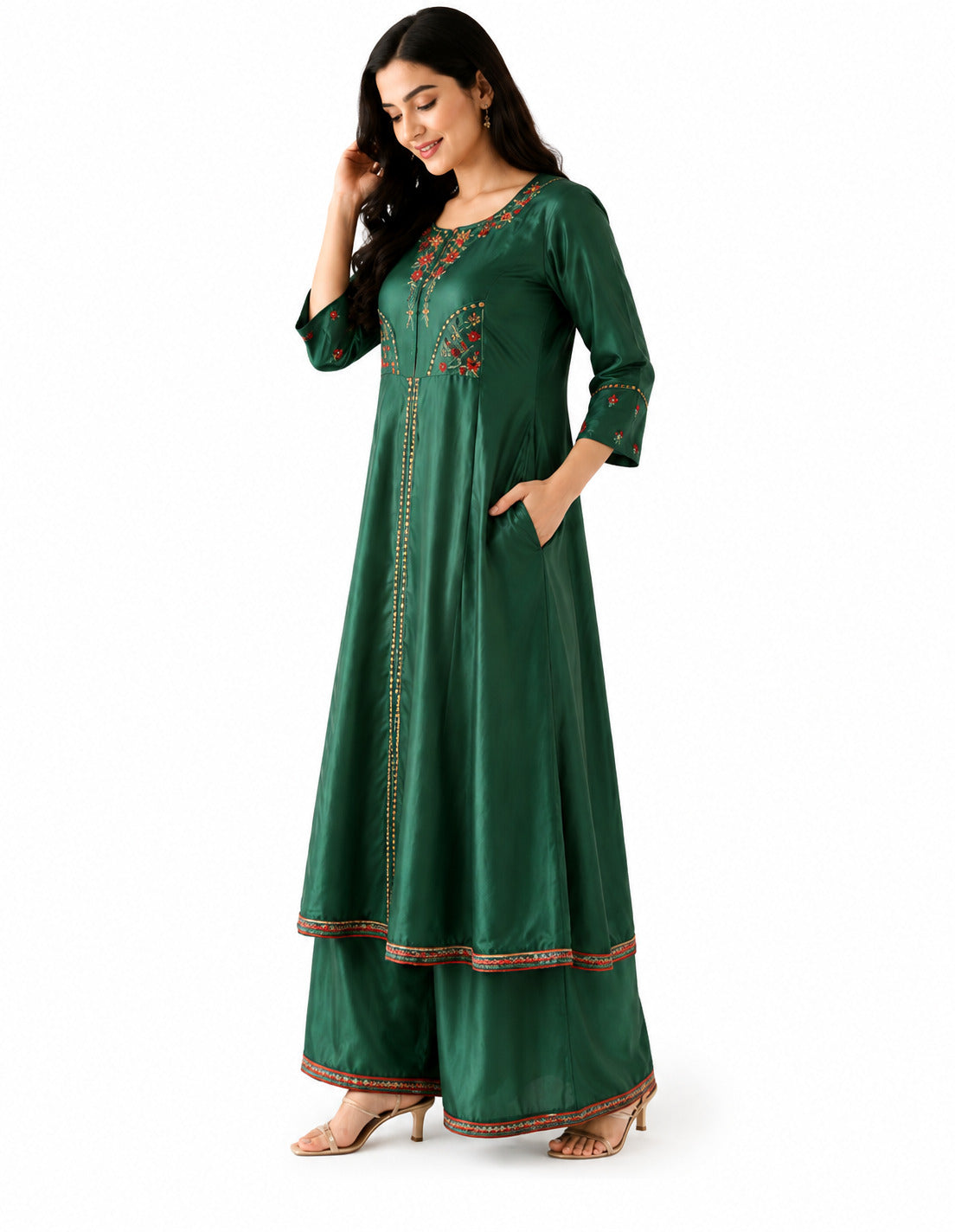 Women's Emerald Green Embroidered Anarkali Kurta Palazzo Set | Ethnic Party Wear