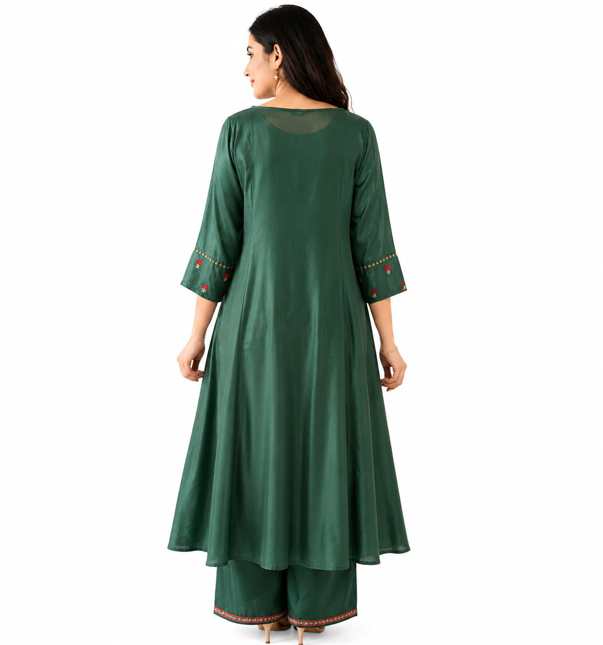 Women's Emerald Green Embroidered Anarkali Kurta Palazzo Set | Ethnic Party Wear